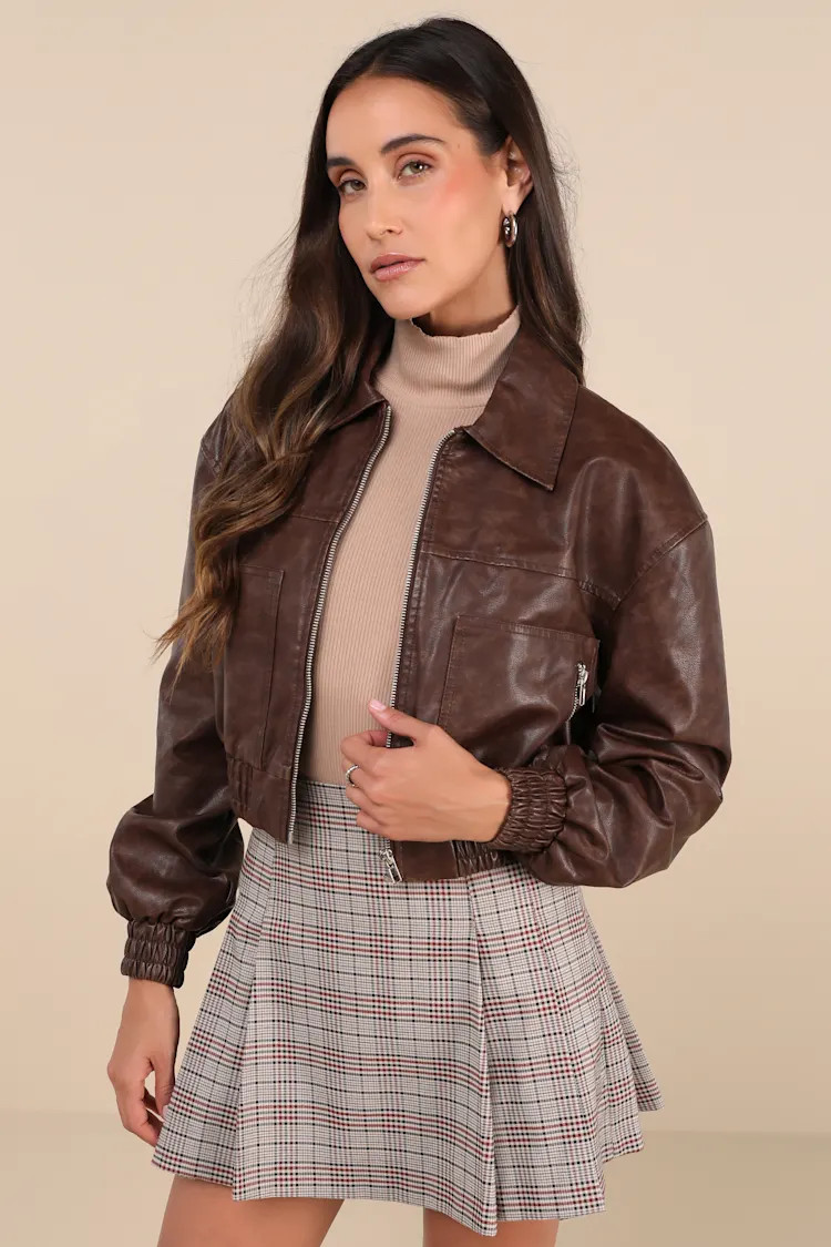 Iconic Travels Brown Vegan Leather Cropped Bomber Jacket | Lulus