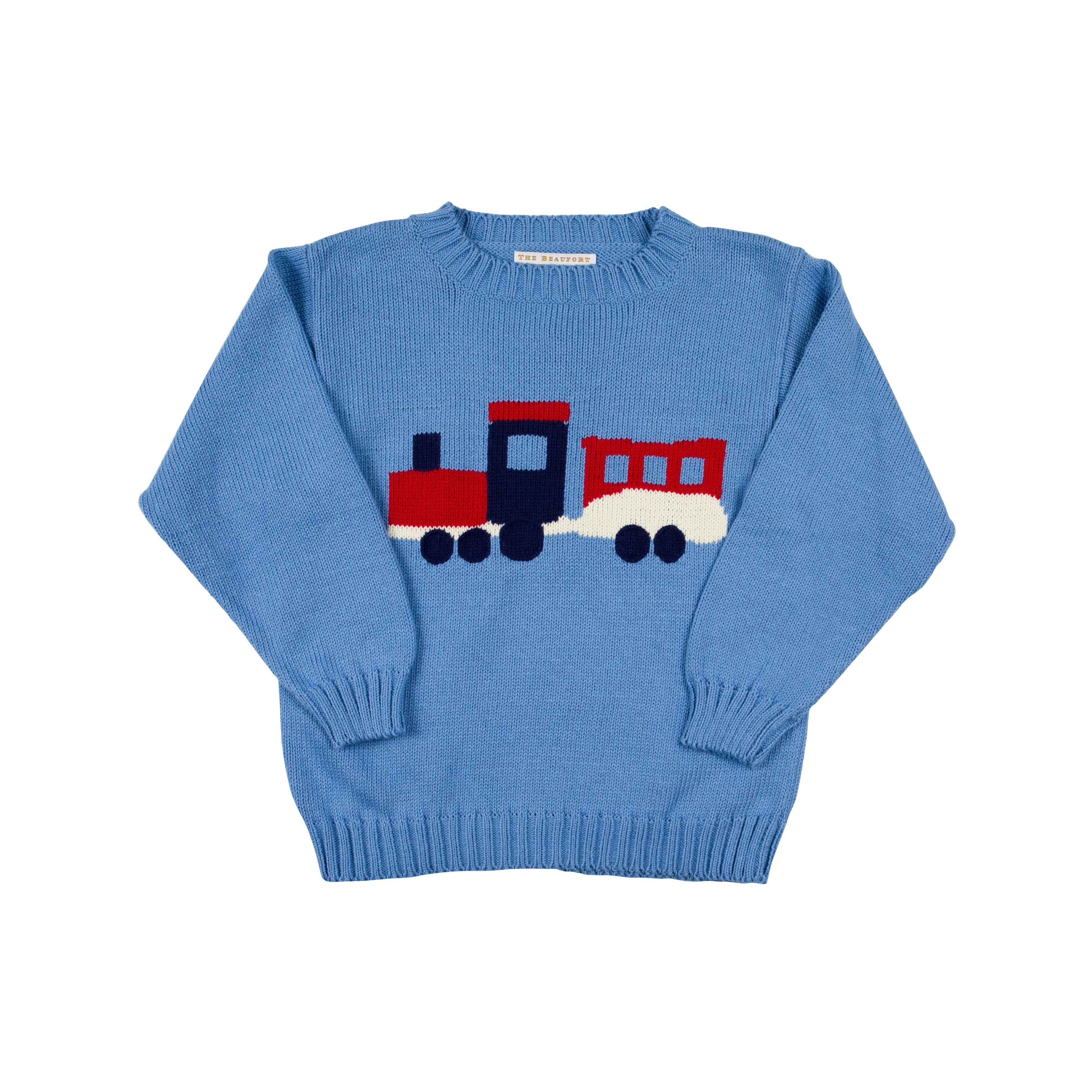 Isaac's Intarsia Sweater - Barrington Blue with Train | The Beaufort Bonnet Company