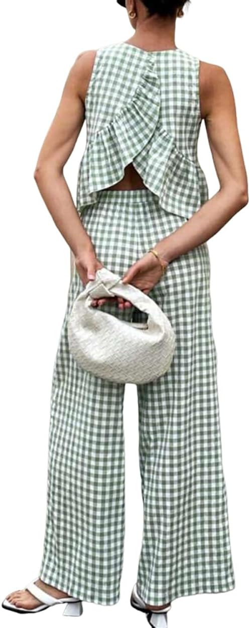 codcm Women's 2 Piece Gingham Set Summer Outfits Ruffle Tank Top and Wide Leg Pants Matching Loun... | Amazon (US)