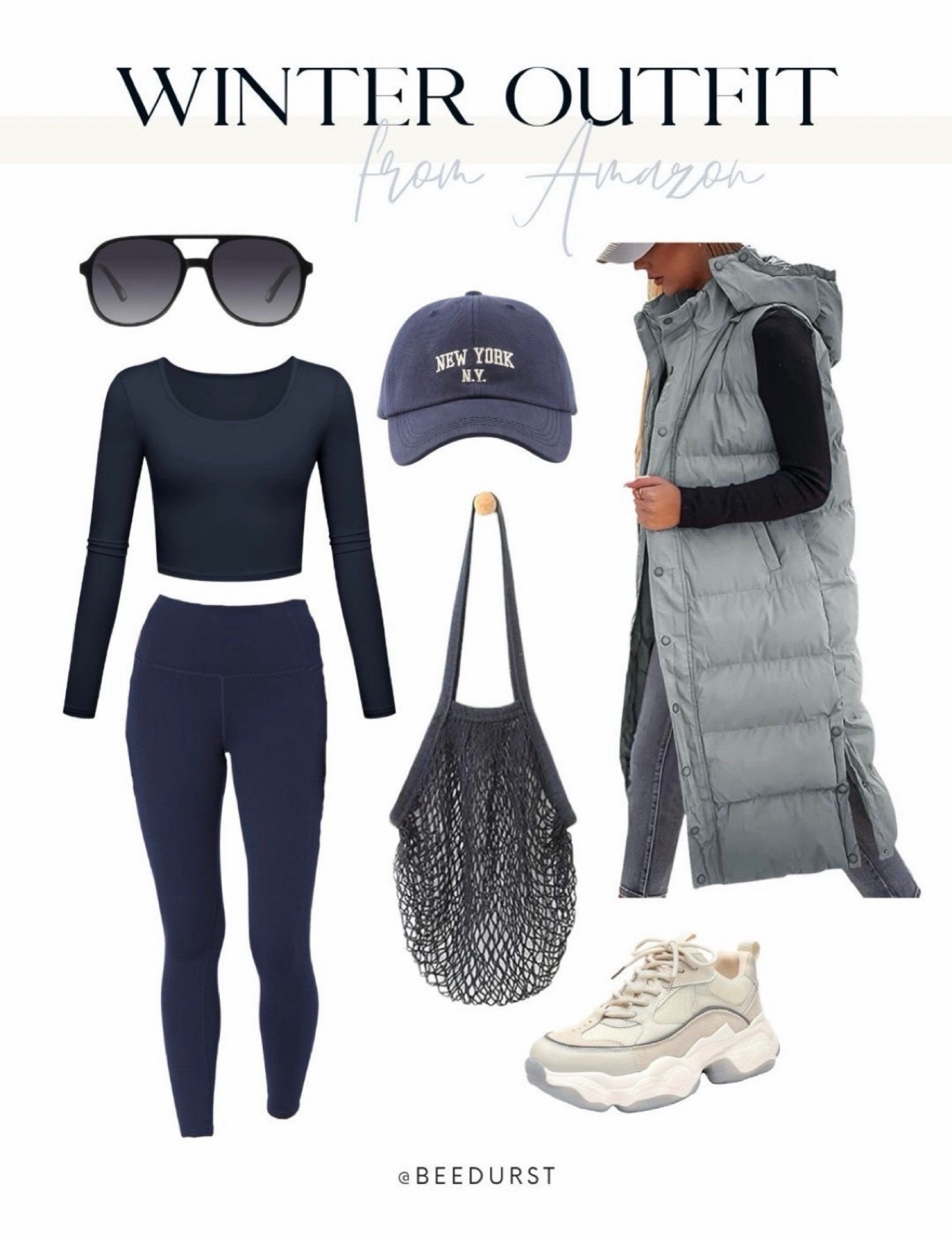 Winter outfit from Amazon, long puffy vest, long quilted vest, travel outfit, lounge outfit, gym outfit, navy leggings, sneakers, sunglasses, oversized purse, beach bag
  

 #LTKSeasonal #LTKFindsUnder50