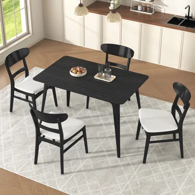 Mid-Century Modern 5-Piece Dining Set, Rubberwood Frame, One Table and 4 Upholstered Chairs, Black +Light Gray | Wayfair North America