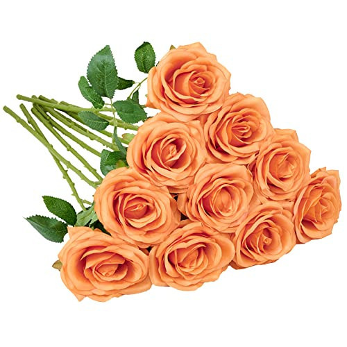IUKnot Artificial Rose 10pcs Orange Open Flower Bouquet Faux Rose Stems for Wedding Arrangement, Bridal Bouquet, Centerpiece, Fake Faux Silk Flowers | Amazon (US)