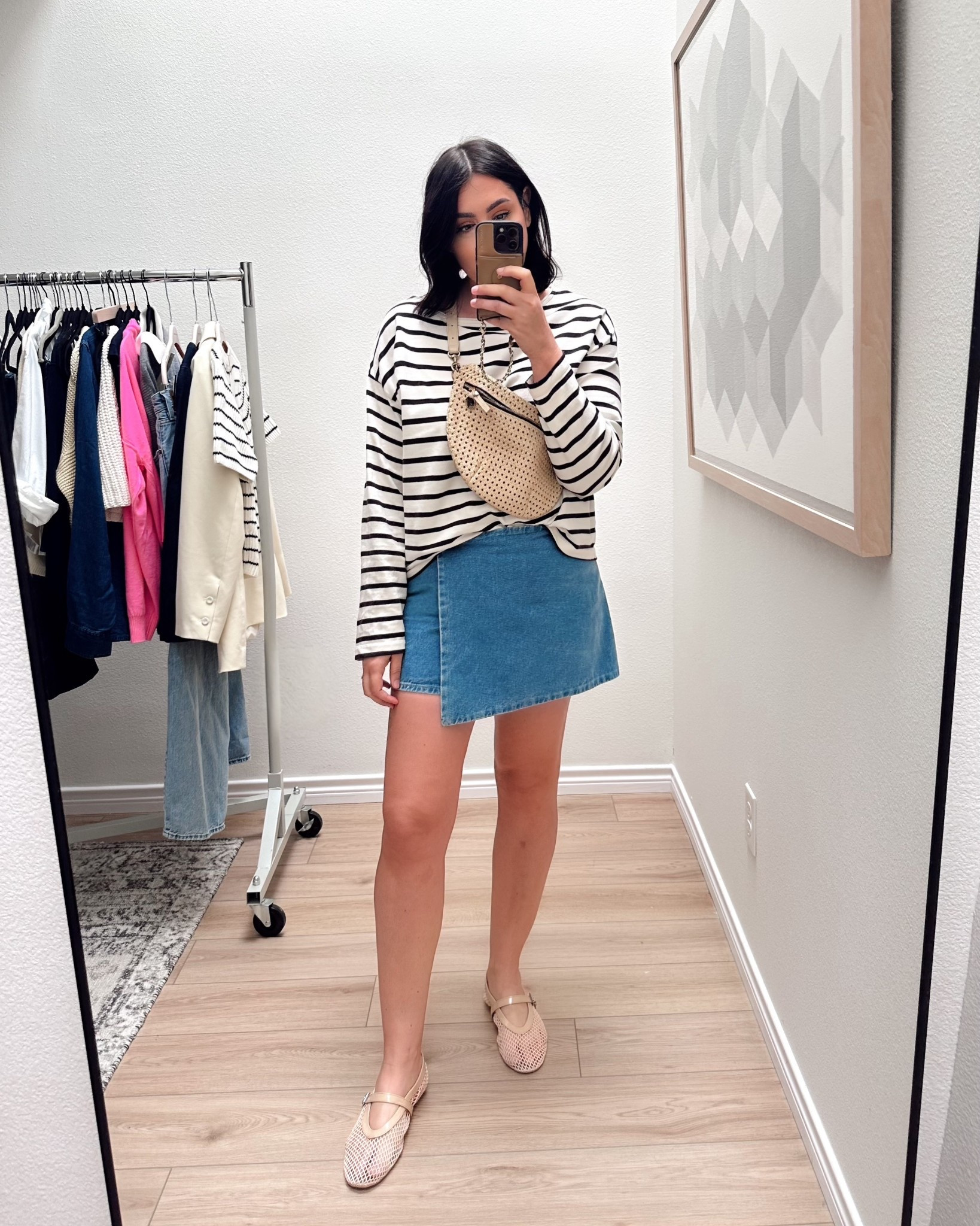 It feels like spring today! Wearing my fave striped tee and a skirt from last summer! I’ve linked options here.

Brought out my favorite Clare V crossbody and mesh flats too!