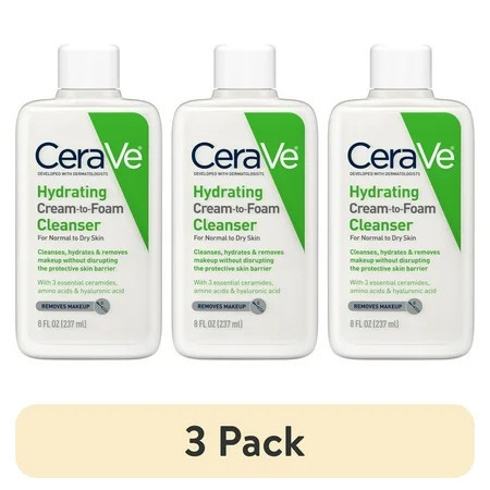 (3 pack) CeraVe Hydrating Cream-to-Foam Facial Cleanser with Hyaluronic Acid for Normal to Dry Skin, 8 fl oz | Walmart (US)