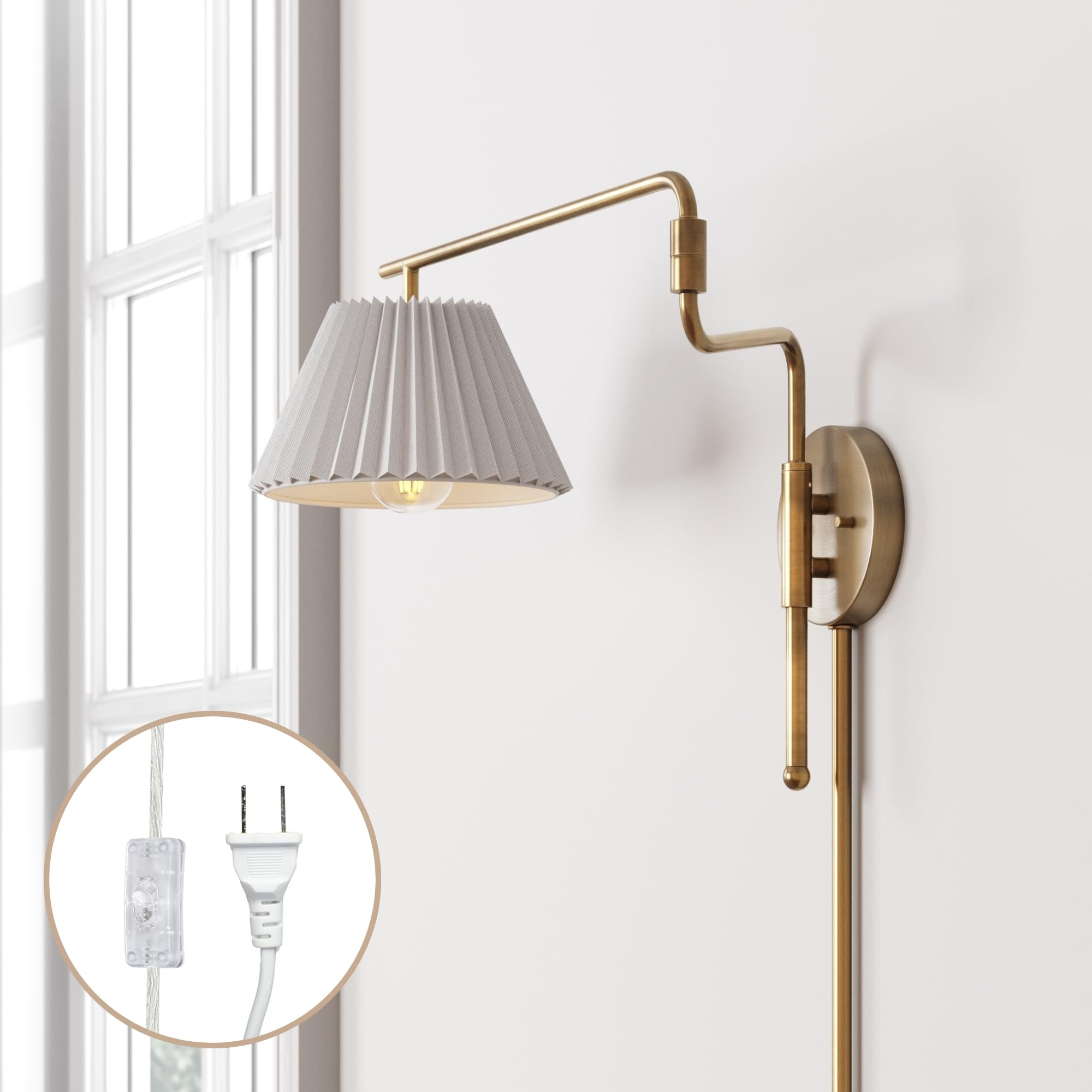 Nathan James Kai Modern Wall Mounted Plugin Bedside Reading Lamp with Pleated Shade, Vintaged Bra... | Amazon (US)