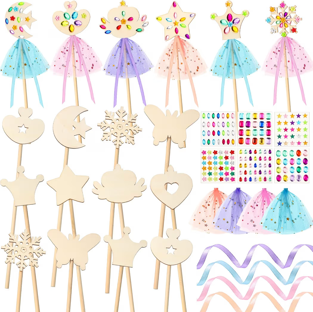 34 Pcs Make Your Own Princess Wand Kit 16 Unfinished Star Butterfly Crown Moon Fairy Wood Stick 6... | Amazon (US)