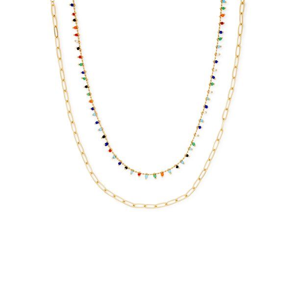 Scoop Womens 14K Gold Flash-Plated Link Chain and Multi-Color Bead Charm Necklace Duo, 2-Piece - ... | Walmart (US)