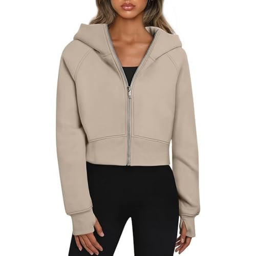 Hoodies for Women Trendy Cropped Hoodie Casual Zip Up Hoodie Loose Fit Long Sleeve Fleece Lined Sweatshirt Aesthetic y2k Hoodies Trendy Fall Tops Jackets Womens Oversized Sweatshirt Khaki XL | Amazon (US)