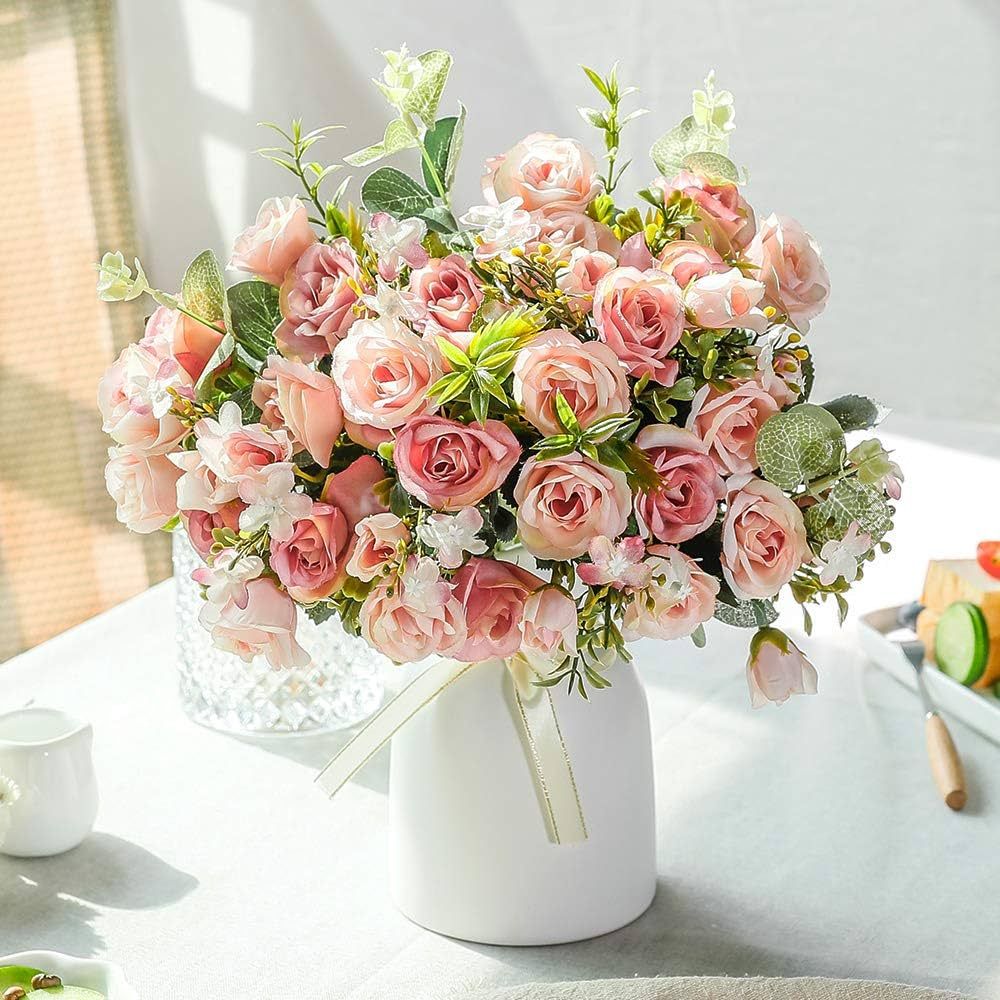 LESING Artificial Silk Rose with Vase Fake Flowers Wedding Flowers Bouquets Arrangement Home Offi... | Amazon (US)
