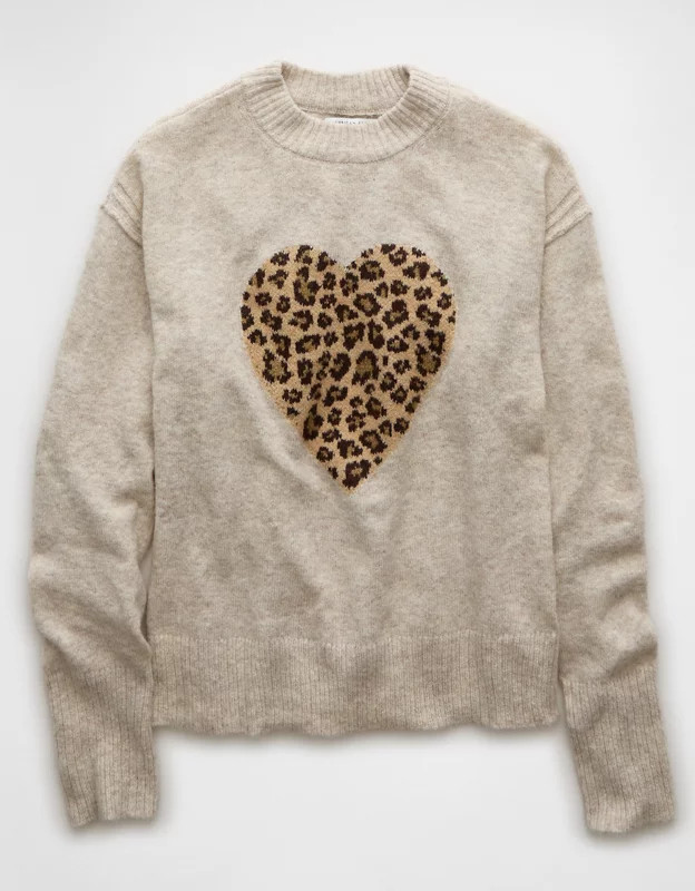 AE Whoa So Soft Leopard Heart Crew Neck Sweater | American Eagle Outfitters (US & CA)