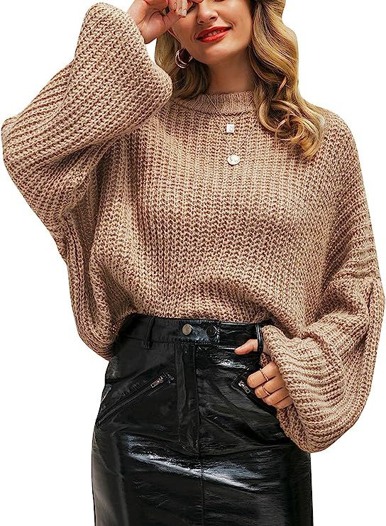 Simplee Women's Oversized Cropped Sweater Lantern Long Sleeve Loose Knit Pullover Sweater | Amazon (US)