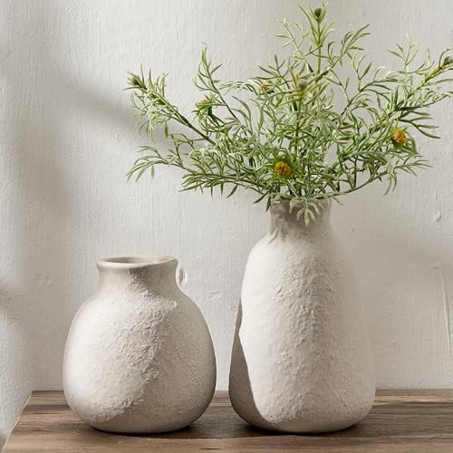 Ceramic Vase Set of 2 for Home Decor, 6.1"+8.23" Handcrafted Off-White Rustic Terracotta Vases, V... | Amazon (US)