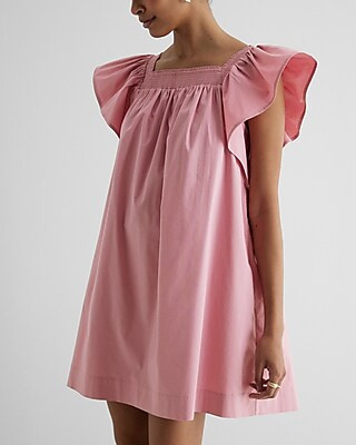Square Neck Flutter Sleeve Poplin Mini Shift Dress | Express
