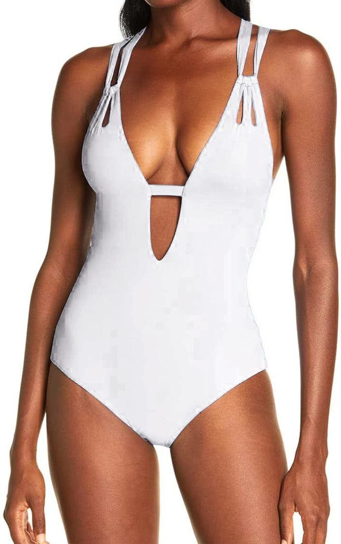 Vrtige Women's One Piece Swimsuit Deep V Neck Criss Cross Strappy Bathing Suits Monokini | Amazon (US)
