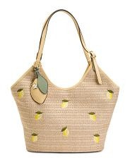 triple entry faux straw tote with embroidery and printed lining | TJ Maxx