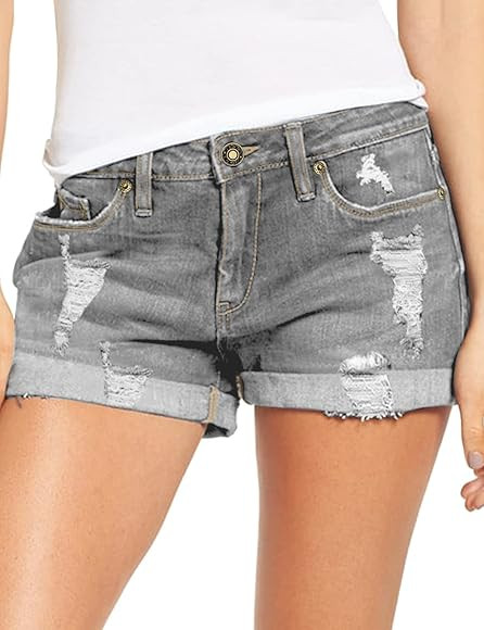 LookbookStore Women's Mid Rise Rolled Hem Distressed Jeans Ripped Denim Shorts | Amazon (CA)