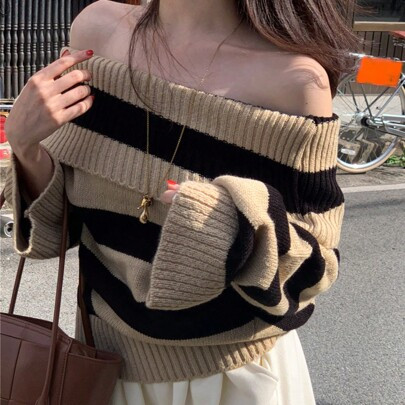 Women's Loose Contrasting Color Block Off Shoulder Striped Sweater Off Shoulder Sweater | SHEIN