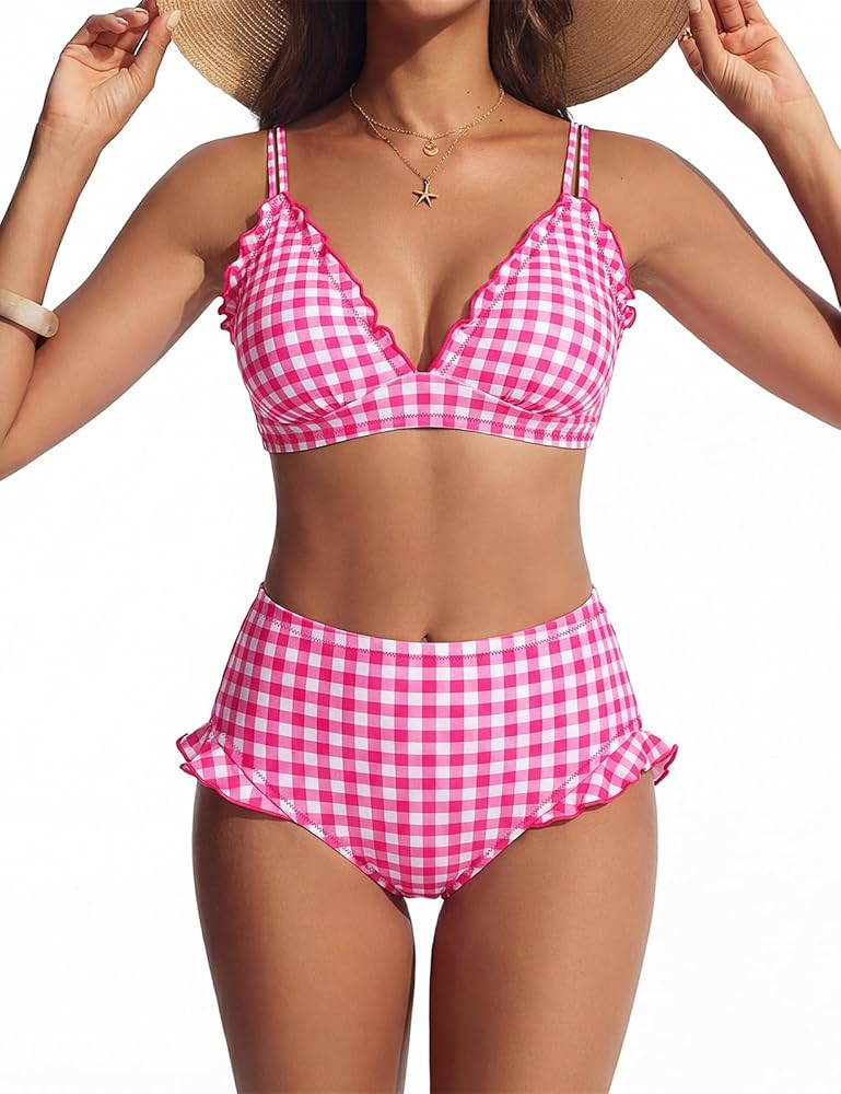 Hanna Nikole Women High Waisted Bikini Sets Ruffle, 2 Piece Bathing Suit Tummy Control, Sexy Retr... | Amazon (US)