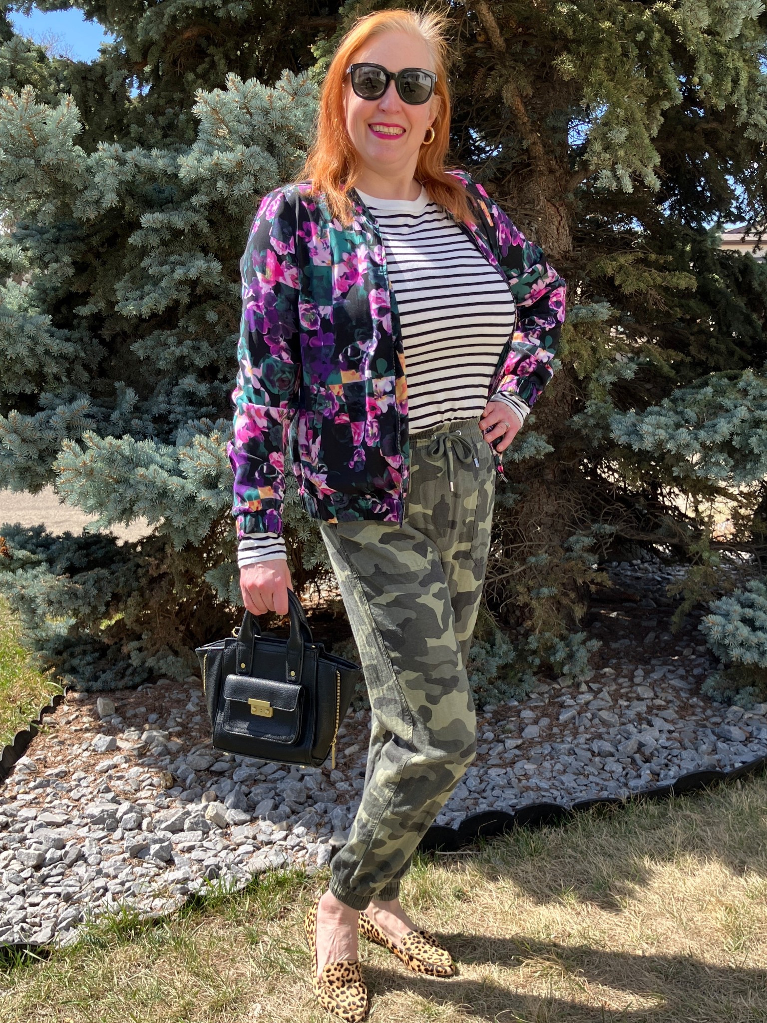 Wouldn’t it be good to walk into the weekend wearing ALL the prints? Yes. Yes it is. I think it takes a certain kind of person to wear all the prints at once. I guess I’m that certain kind of person. I actually do have a scheme to this look though. Black is the common colour throughout from the stripes, to the floral jacket, to the spots in my shoes, my bag, and my sunglasses. The only item with no black is my camo pants but they are a dark enough colour to fit in. Over all, I’m quite happy with the way this look turned out. Are you brave enough to wear all the prints? Canadians click on the first links to shop, and Americans click on the second links to shop. If there’s only one link then you can shop it in your own country. And remember, trendy doesn’t have to be expensive! Bye! 

#LTKOver40 #LTKMidsize #LTKootd