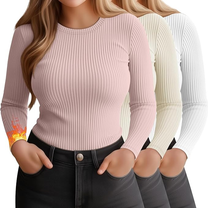 3 Pack Plus Size Thermal Shirts for Women Long Sleeve Ribbed Knit Underwear Tops Base Layer Tee | Amazon (US)