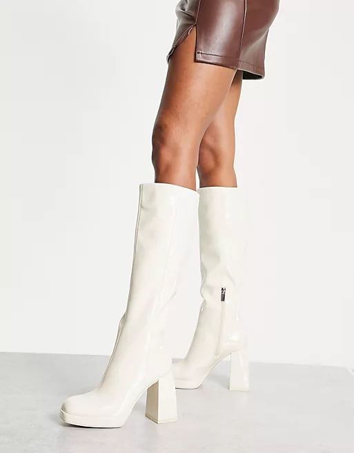 Bershka knee-high PU boots in off-white | ASOS (Global)