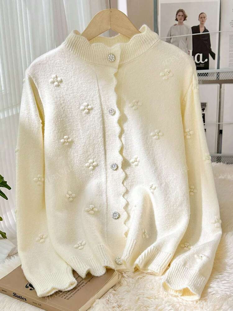 JIANHU Korean Style Knit Cardigan – Fall Winter Soft Blue Sweater With 3D Flower Details And Ruffled Button Trim, Cute High Neck Jacket For Daily & Office Outfits | SHEIN
