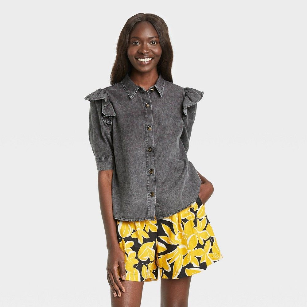 Women's Ruffle Elbow Sleeve Button-Down Shirt - Who What Wear Black XL | Target