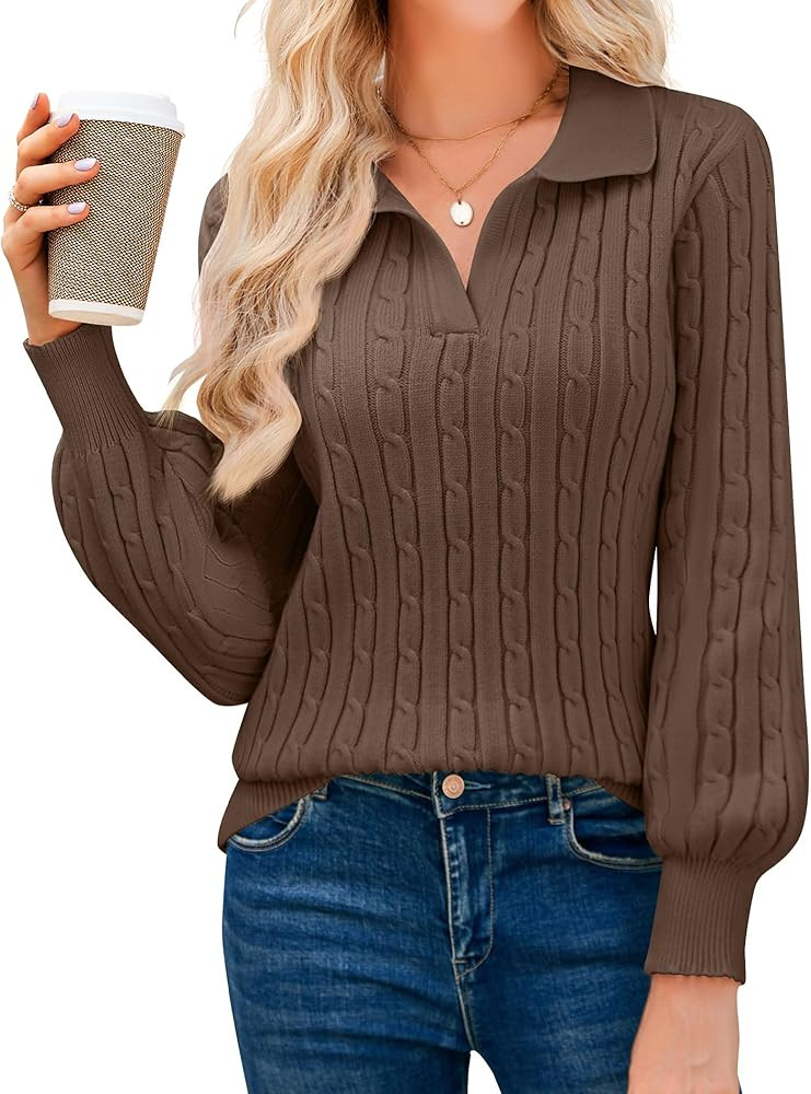 JUSTFASHIONNOW Womens Sweaters Polo V Neck Cable Knit Sweater Dressy Casual Pullover Jumper Tops ... | Amazon (US)