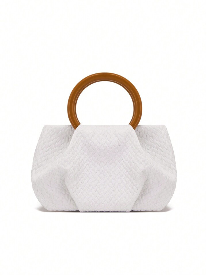 Summer Mini Pleated Tote Bag With Faux Woven Double Circle Wood Handle | SHEIN