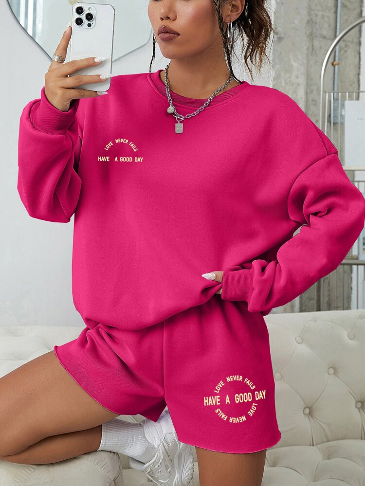 SHEIN EZwear Slogan Graphic Thermal Lined Drop Shoulder Sweatshirt & Shorts | SHEIN