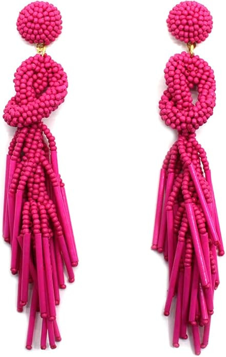 Handmade Beaded Solid Color Post Statement Earrings for Women All Season 4 inch Long | Amazon (US)