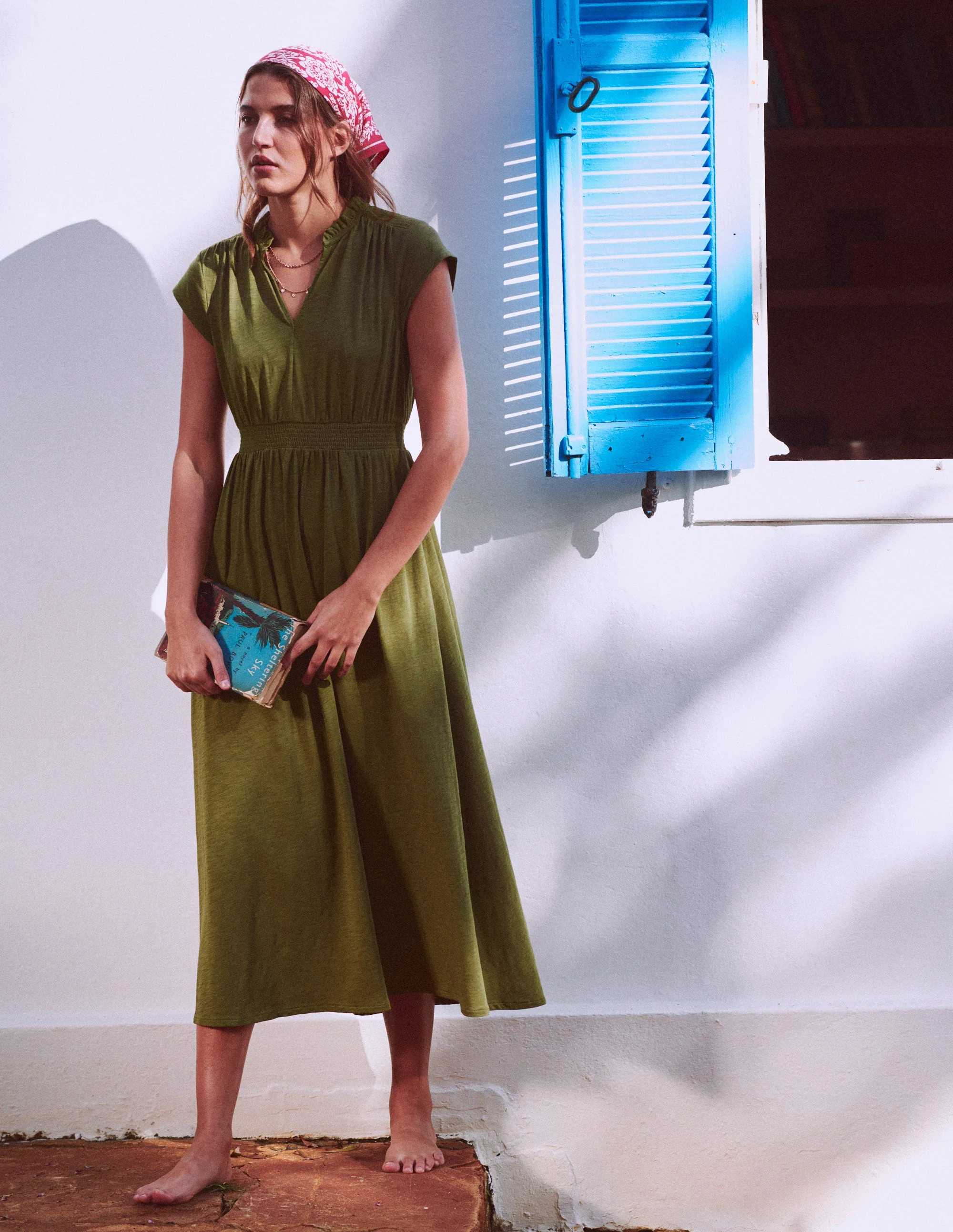 Alba Smocked Jersey Midi Dress-Olive | Boden UK