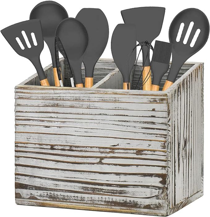 Y&ME YM Kitchen Utensil Caddy With 2 Compartments, Rustic Kitchen Utensil Holder Wood Utensil Org... | Amazon (US)