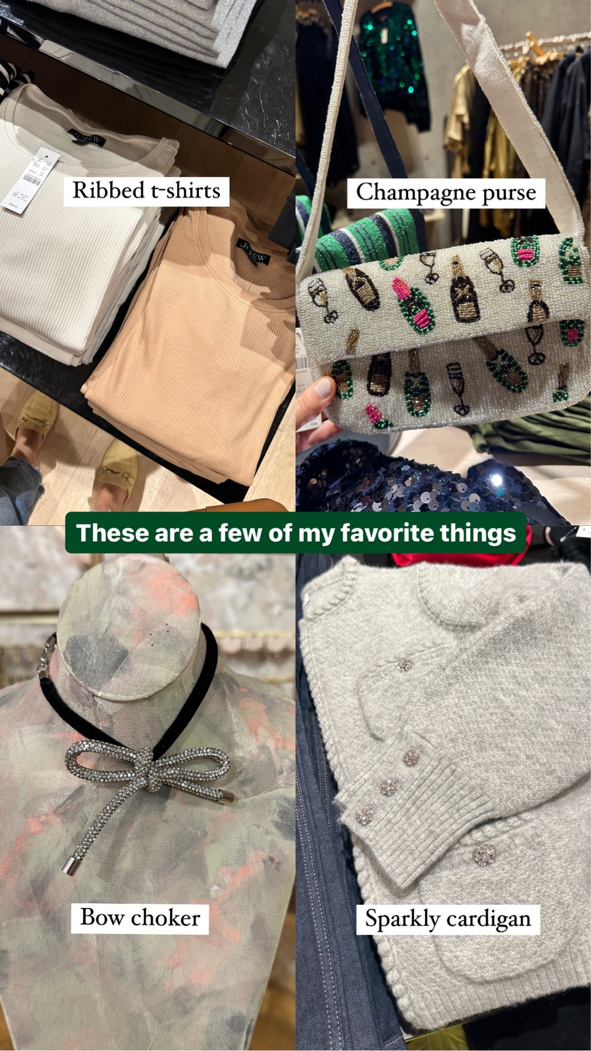 Ribbed t shirts, champagne beaded purse, sparkly bow choker necklace, and gray bedazzled button cardigan! 🩶 

#LTKCyberWeek #LTKSeasonal #LTKGiftGuide