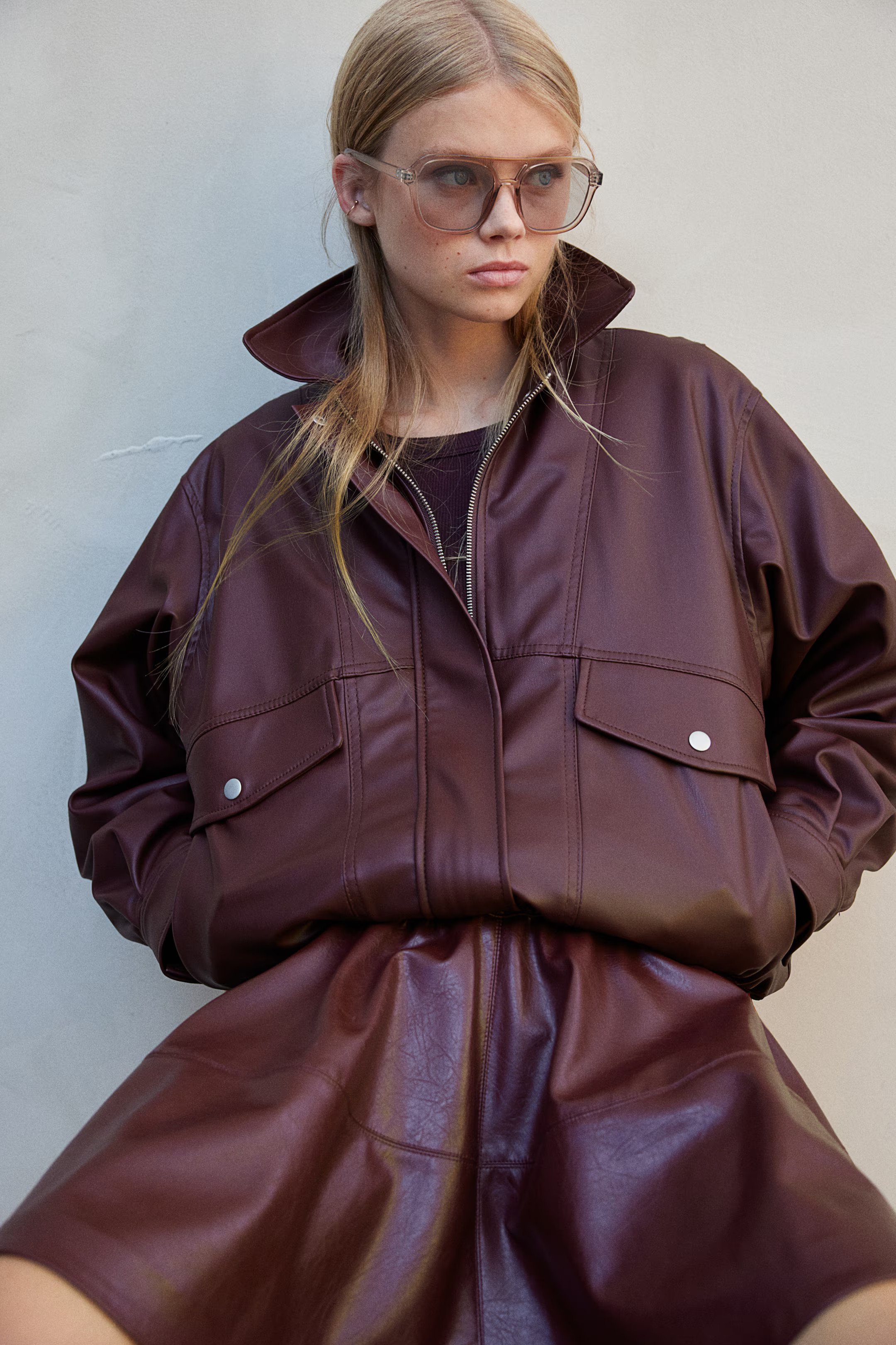 Oversized Coated Jacket - Burgundy - Ladies | H&M US | H&M (US + CA)