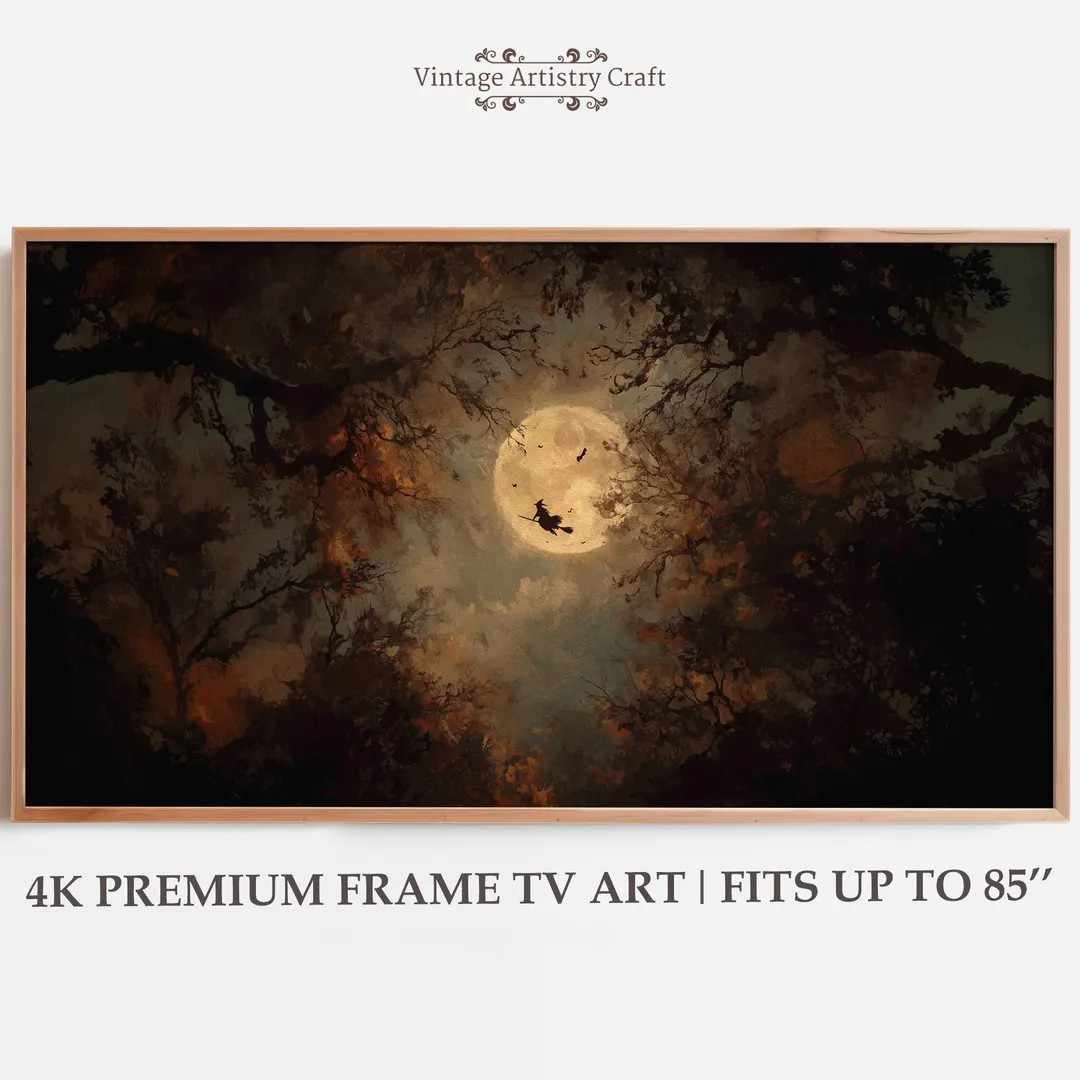 Halloween Samsung Frame TV Art, Witch Flying on Broom With Full Moon & Bats, Gothic Oil Painting,... | Etsy (US)