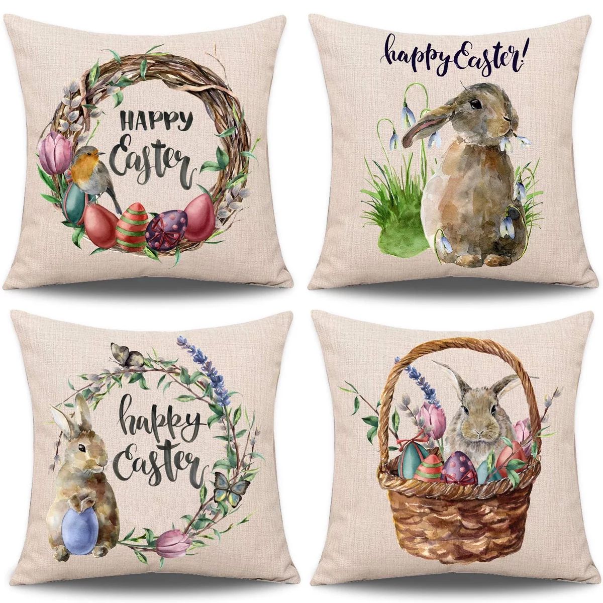 4 Pieces Easter Pillow Case Rabbit Bunnies with Eggs Canvas Pillow Cover, Spring Season's Linen S... | Walmart (US)