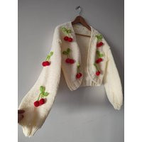 Chunky Cherry Creamy Cardigan, Woman Trendy Clothes, 3D Applique Sweater, Valentines Red Embroidery Gift Oversize Jumper | Etsy (US)