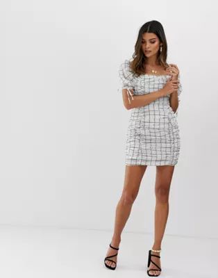 Skylar Rose ruched mini dress with balloon sleeves in cheesecloth | ASOS US
