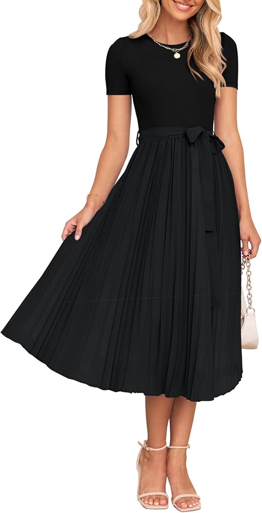 ZESICA Women's 2026 Summer Short Sleeve Midi Dresses Crewneck Knit Belted Pleated A Line Flowy We... | Amazon (US)