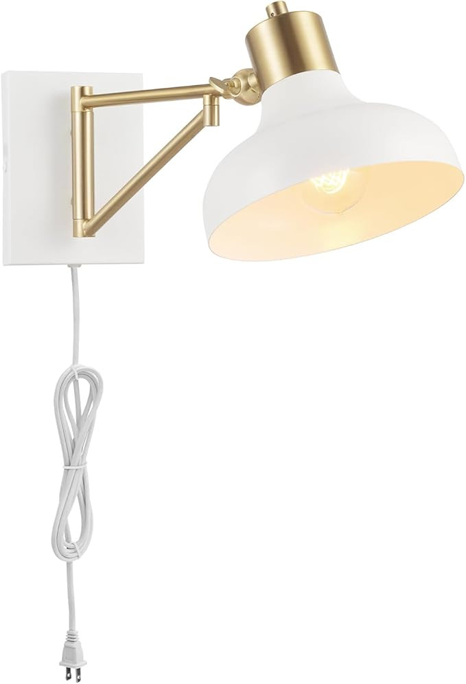 GLOBE Electric 51344 1-Light Plug-in or Hardwire Swing Arm Wall Sconce, White, Brass Accents, Whi... | Amazon (US)