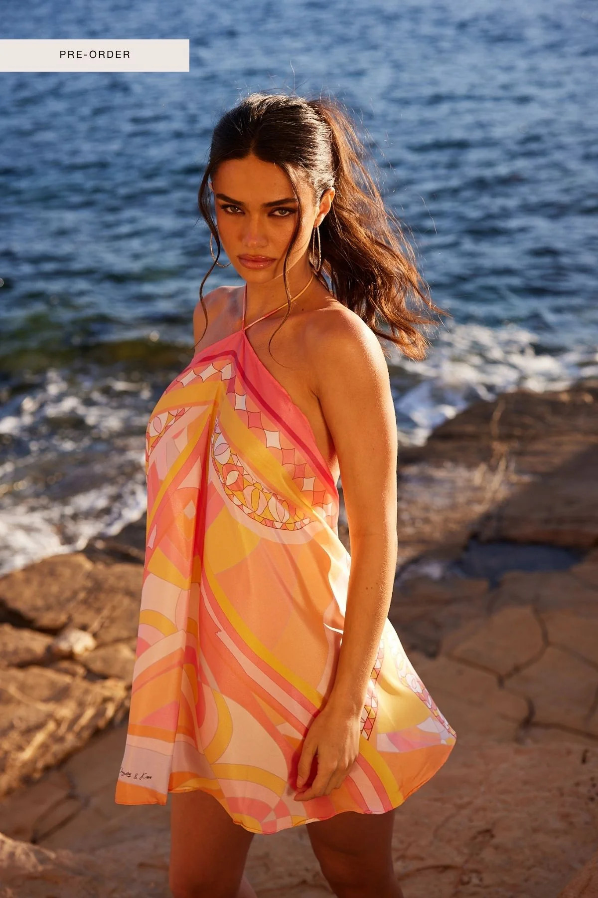 SUNSET SORBET Pink Printed Halter Dress | Noughts and Kisses