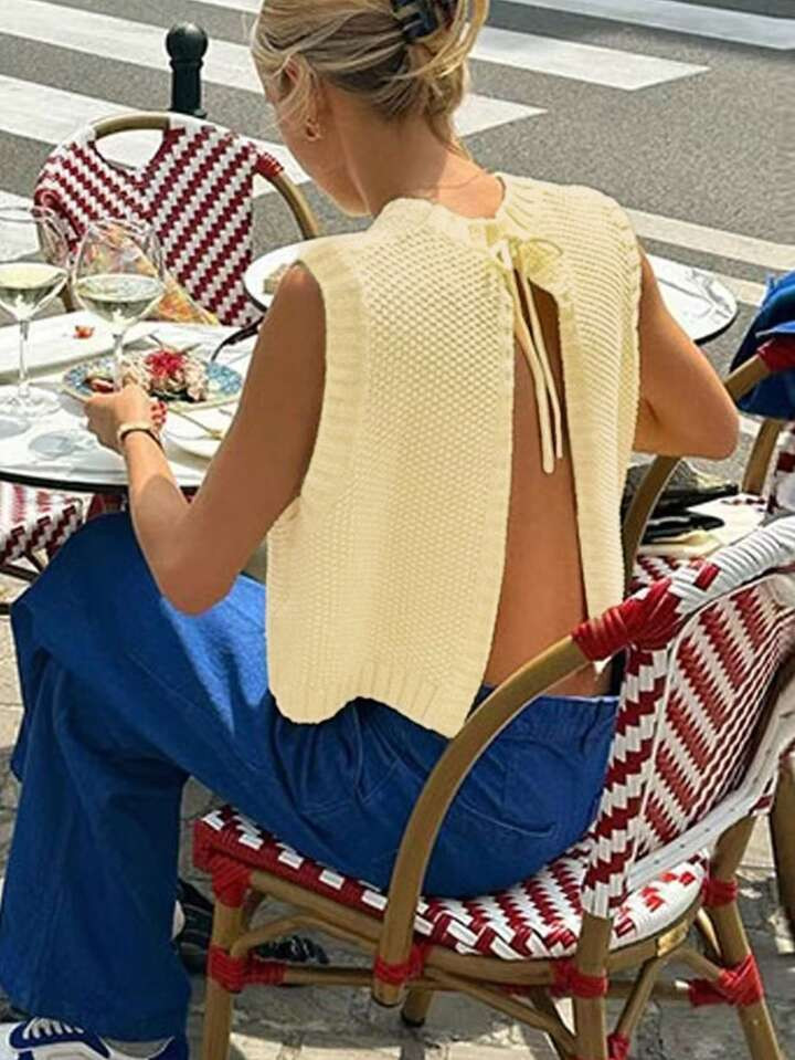 SHEIN Essnce Women Solid Color Minimalist Sleeveless Backless Tie Knitted Sweater Vest | SHEIN US... | SHEIN