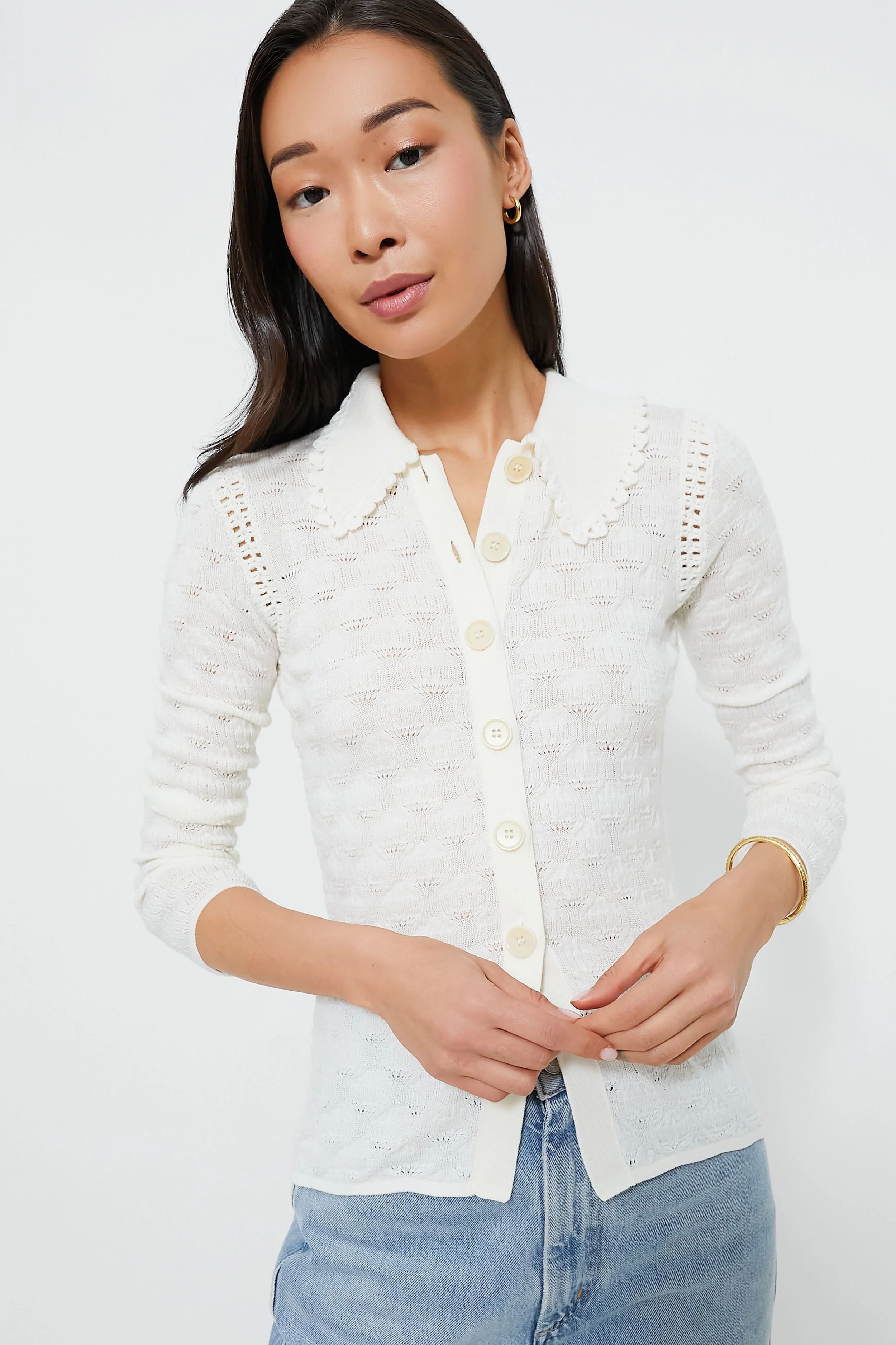 White Mila Pointelle Long Sleeve Cardigan | Tuckernuck (US)