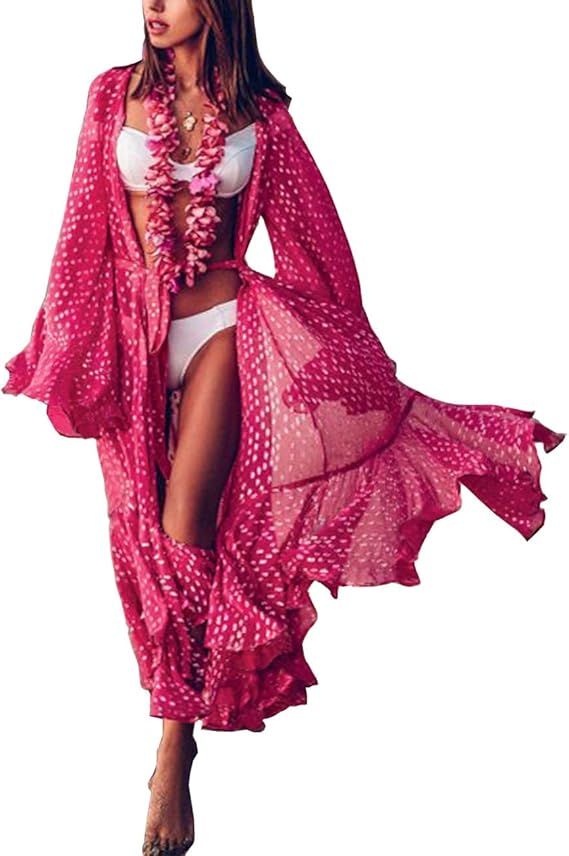 Women Bikini Cover Ups Cardigan Duster Long Sheer Bikini Kimono Beachwears Chiffon Polka Rose Col... | Amazon (US)