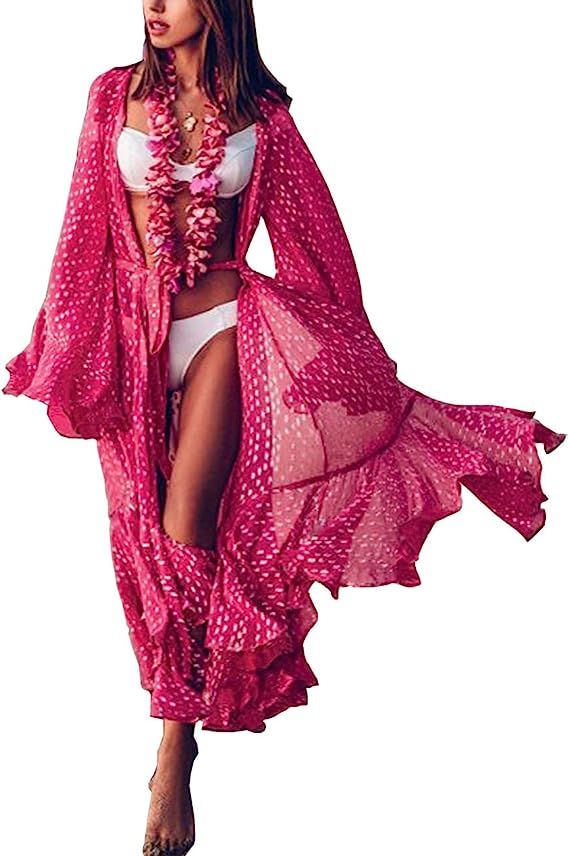 Women Bikini Beach Cover Ups Cardigan Open Front Sheer Long Dusters Floral Printed Chiffon Kimono... | Amazon (US)