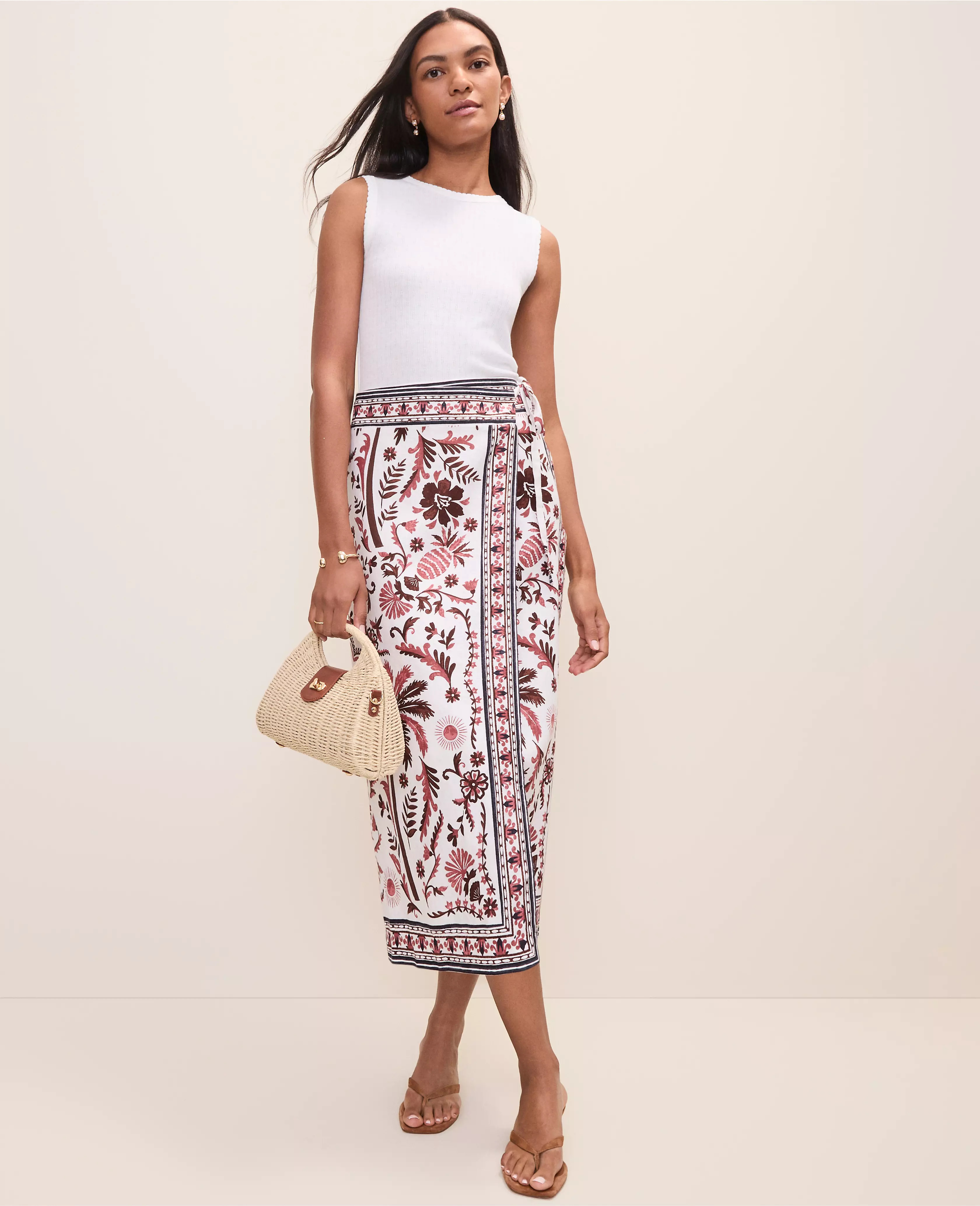Weekend Palm Tree Print Sarong Midi Skirt in Linen Blend | Ann Taylor