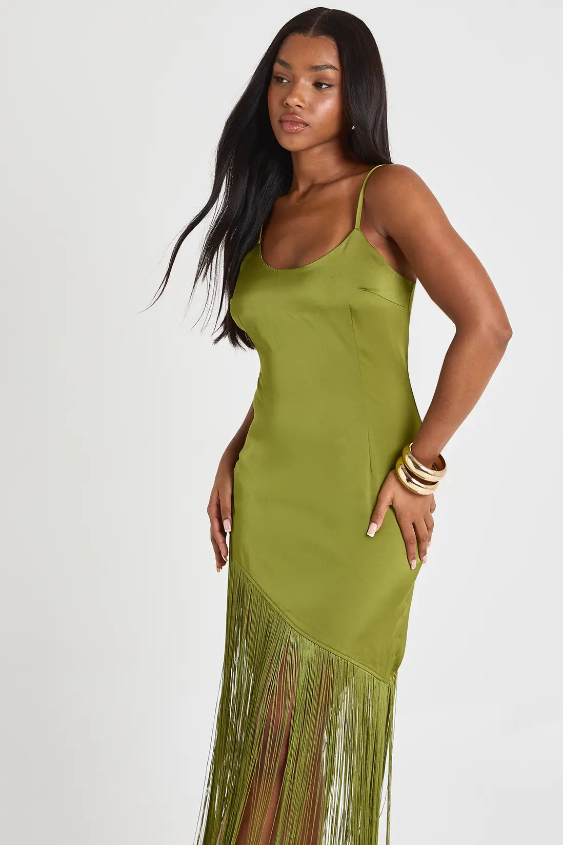 SATIN FRINGE  MIDAXI SLIP DRESS | boohoo (US & Canada)