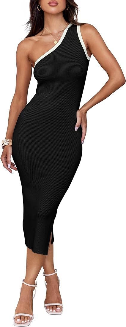ZESICA Women's Summer One Shoulder Bodycon Midi Dresses 2024 Casual Sleeveless Ribbed Knit Side S... | Amazon (US)