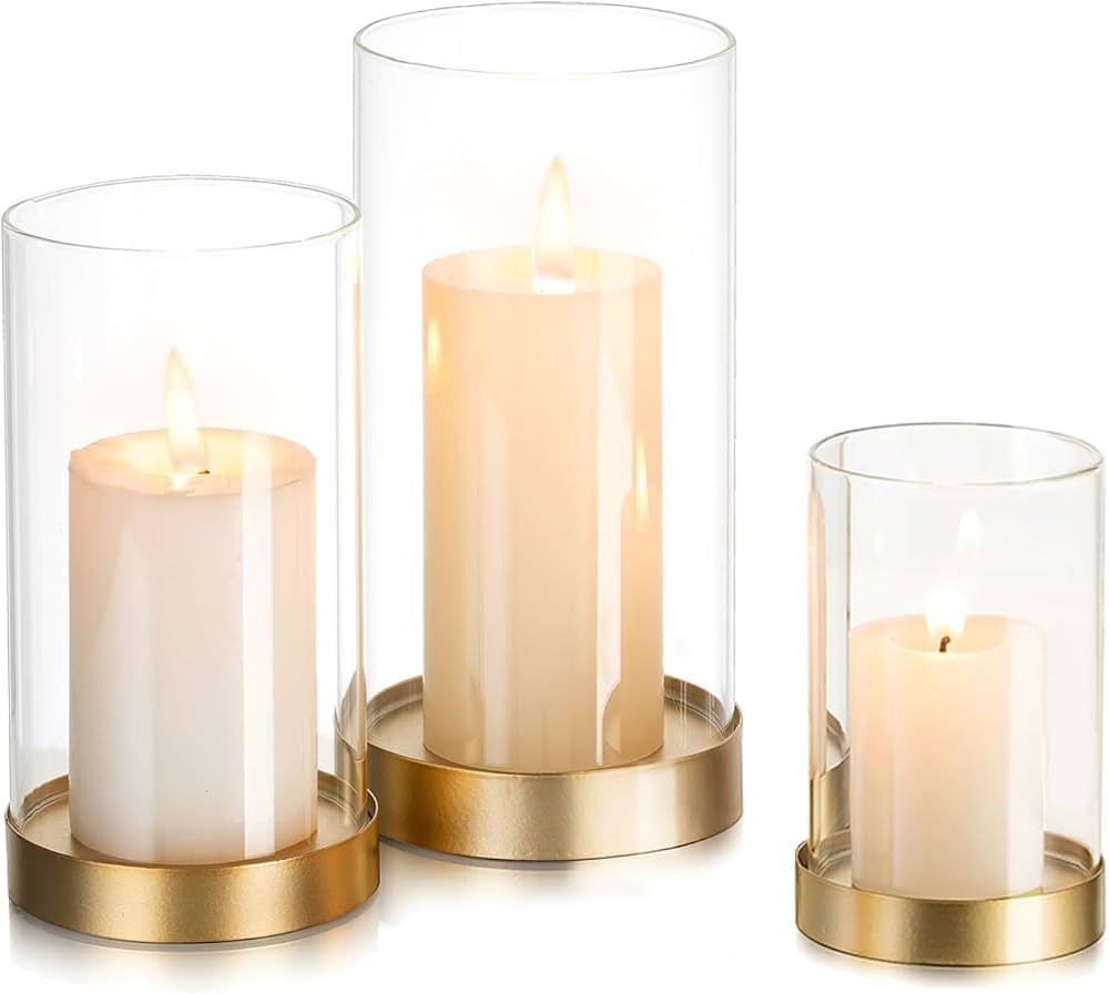 Hewory Hurricane Candle Holder for Pillar Candles: Gold Votive Candle Holders Set of 3, Glass Hur... | Amazon (US)